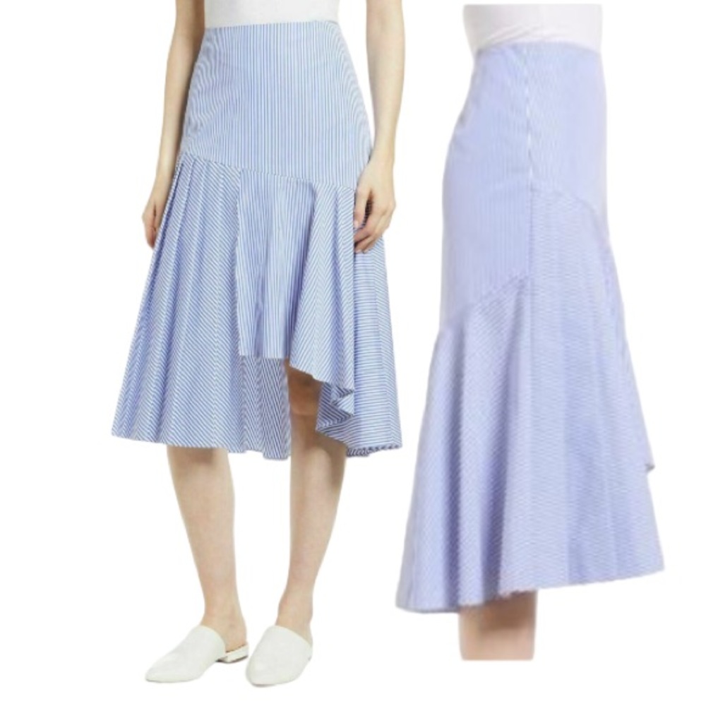 Nordstrom Signature Blue and White Striped Pleated Asymmetrical Skirt Size 12